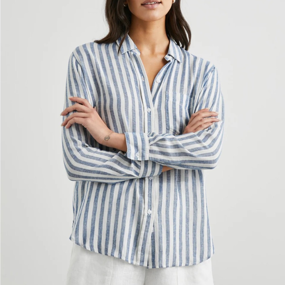 Rails Blue and White Striped Button-Up Blouse